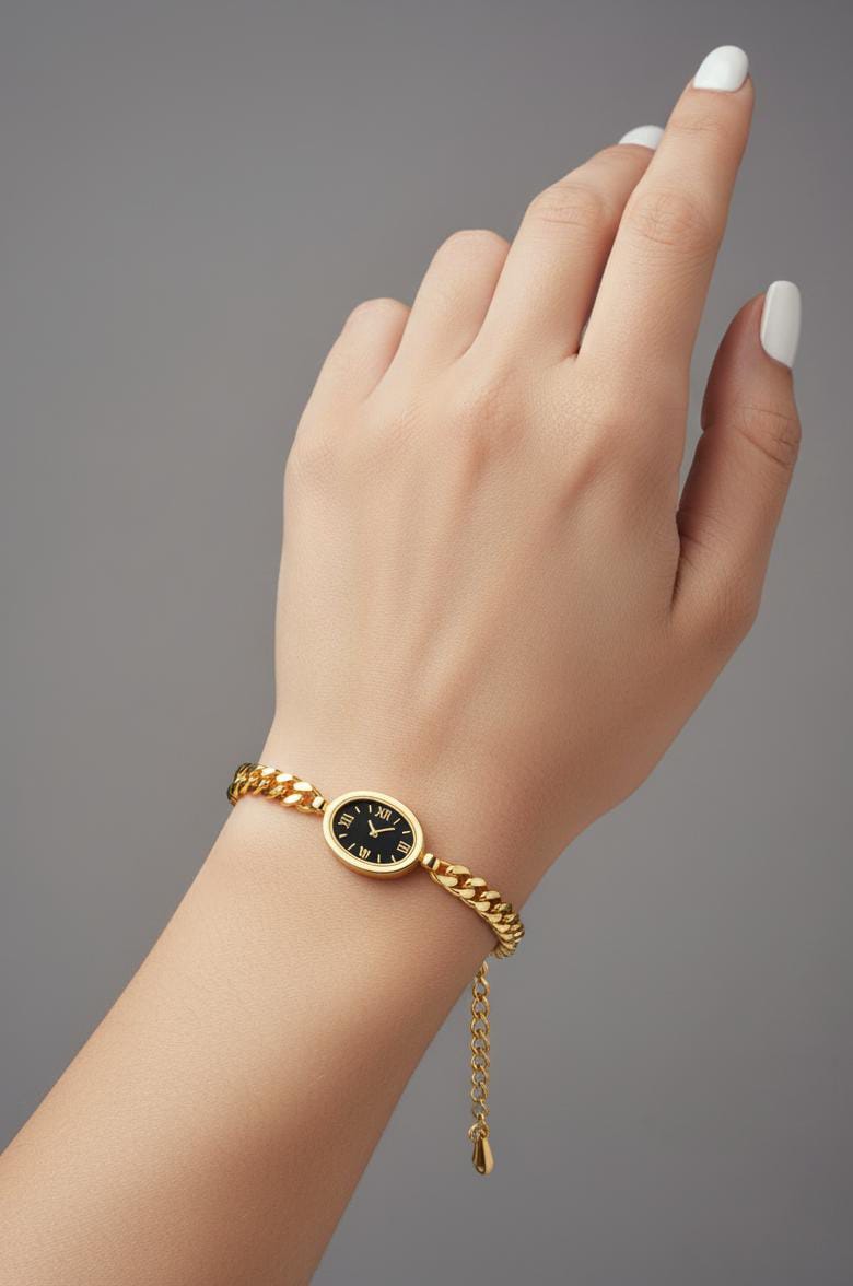💫Elegant Steen less Steel Gold Chain Bracelet with Miniature Timepiece