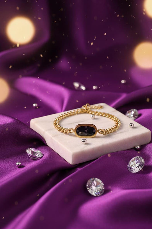 💫Elegant Steen less Steel Gold Chain Bracelet with Miniature Timepiece