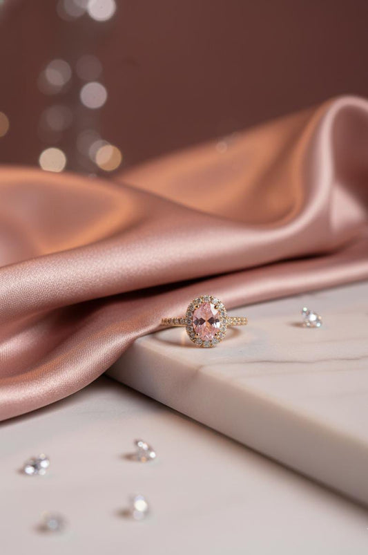Blush Radiance Oval Halo Ring in Rose Gold with Pink Center Stone
