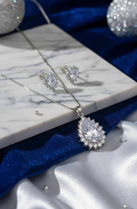 Crystal Elegance Teardrop Necklace & Earring Set in Silver