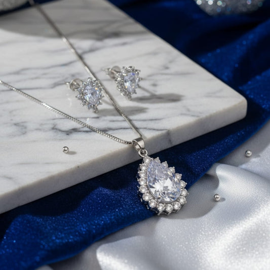 Crystal Elegance Teardrop Necklace & Earring Set in Silver