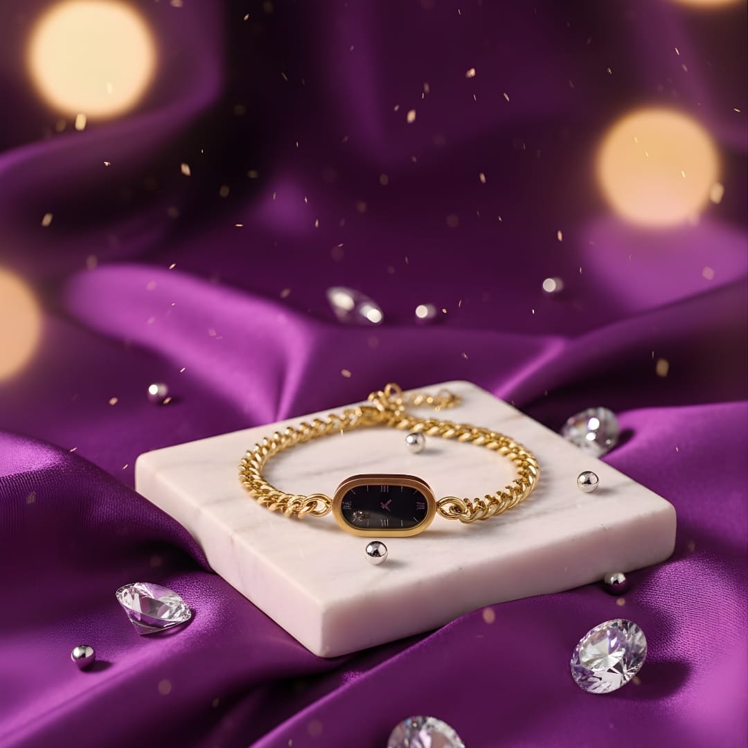 💫Elegant Steen less Steel Gold Chain Bracelet with Miniature Timepiece